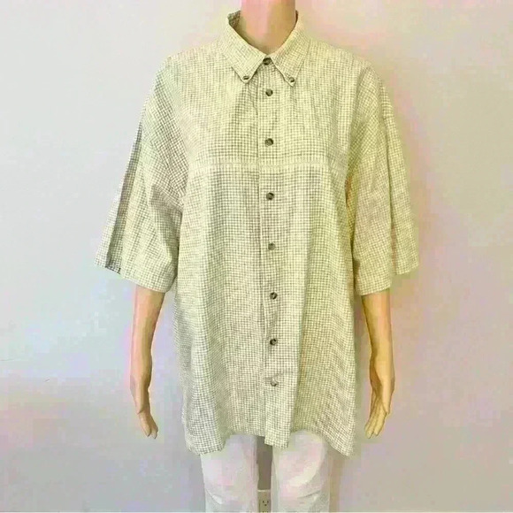 Vintage Oversized Plaid  Gingham Pastel Green Short Sleeves Button Down Shirt. - Picture 10 of 11